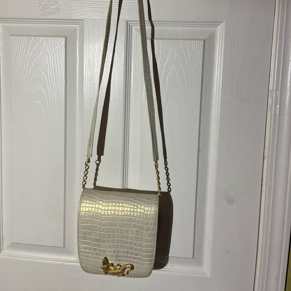MANOLUCCI leather crocs print beige iridescent gold crossbody crocodile accent.